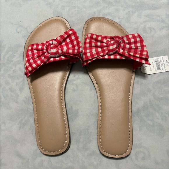 Red Gingham Bow Slide Sandals - Picture 2 of 5